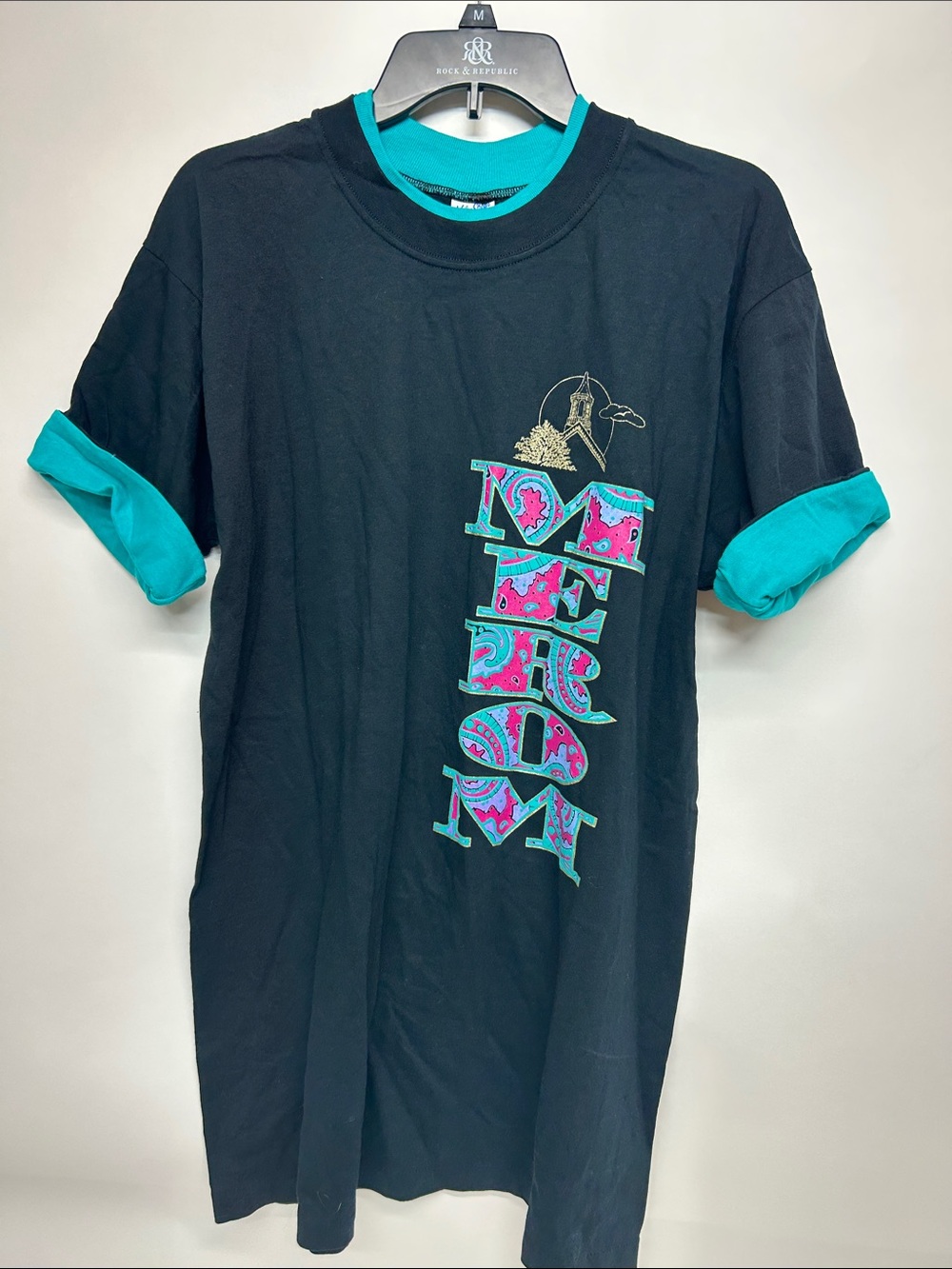 Vintage 1990’s rolled sleeves Black Short-Sleeve Tee with Teal and Pink Graphic